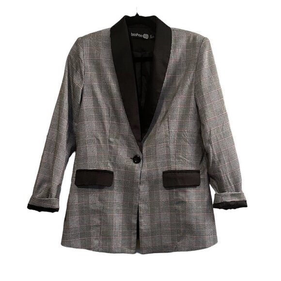 Boohoo Petite exclusive petite contrast lapel blazer in check Women's 2 Petite - Picture 1 of 6
